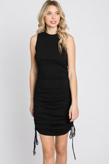 Black Sleeveless Ruched Side Tie Dress