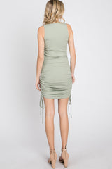 Light Olive Sleeveless Ruched Side Tie Dress