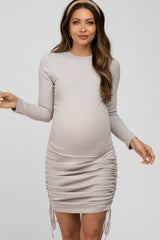 Taupe Ribbed Ruched Side Tie Maternity Fitted Dress