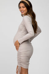 Taupe Ribbed Ruched Side Tie Maternity Fitted Dress