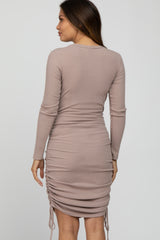 Mauve Ribbed Ruched Side Tie Maternity Fitted Dress