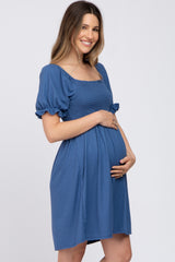 Blue Smocked Puff Sleeve Maternity Dress