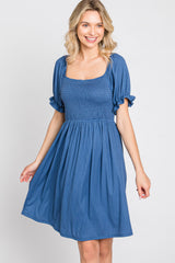 Blue Smocked Puff Sleeve Dress