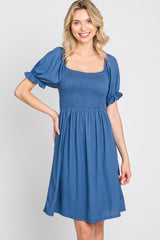 Blue Smocked Puff Sleeve Dress