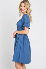 Blue Smocked Puff Sleeve Dress