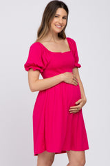 Fuchsia Smocked Puff Sleeve Maternity Dress