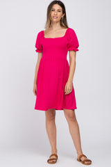 Fuchsia Smocked Puff Sleeve Maternity Dress