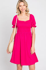 Fuchsia Smocked Puff Sleeve Maternity Dress