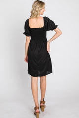 Black Smocked Puff Sleeve Dress