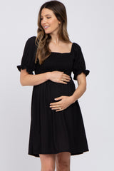 Black Smocked Puff Sleeve Maternity Dress