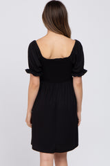 Black Smocked Puff Sleeve Maternity Dress