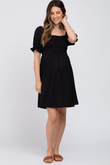 Black Smocked Puff Sleeve Maternity Dress