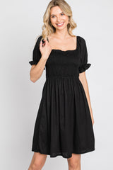 Black Smocked Puff Sleeve Dress