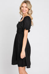 Black Smocked Puff Sleeve Dress