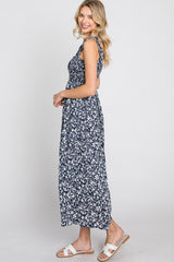 Navy Blue Floral Smocked Midi Dress