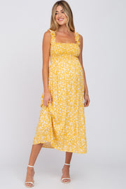 Yellow Floral Smocked Maternity Midi Dress