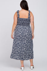 Navy Blue Floral Smocked Plus Midi Dress