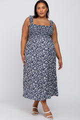 Navy Blue Floral Smocked Maternity Plus Midi Dress