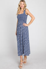 Navy Floral Sleeveless Smocked Maxi Dress