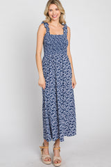 Navy Floral Sleeveless Smocked Maxi Dress