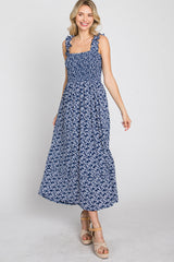 Navy Floral Sleeveless Smocked Maxi Dress