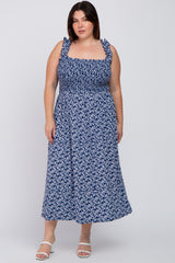 Navy Floral Sleeveless Smocked Plus Maxi Dress