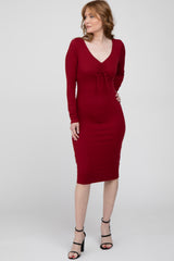 Burgundy Ribbed Front Maternity Midi Dress