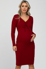 Burgundy Ribbed Front Drawstring Maternity Midi Dress