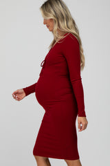 Burgundy Ribbed Front Drawstring Maternity Midi Dress