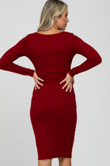 Burgundy Ribbed Front Drawstring Maternity Midi Dress