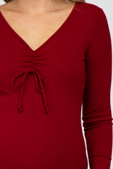 Burgundy Ribbed Front Drawstring Maternity Midi Dress