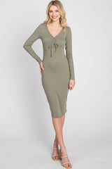 Olive Ribbed Front Drawstring Midi Dress