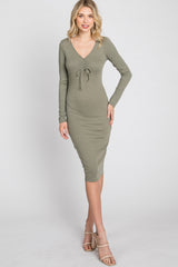 Olive Ribbed Front Drawstring Midi Dress