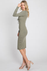 Olive Ribbed Front Drawstring Midi Dress