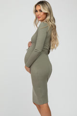 Olive Ribbed Front Drawstring Maternity Midi Dress