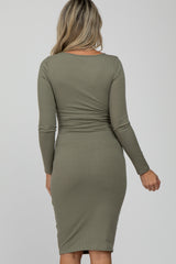 Olive Ribbed Front Drawstring Maternity Midi Dress