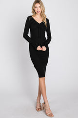 Black Ribbed Front Drawstring Midi Dress