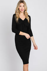 Black Ribbed Front Drawstring Midi Dress