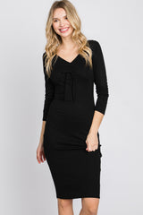 Black Ribbed Front Drawstring Midi Dress