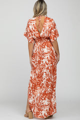 Coral Leaf Print V-Neck Maternity Maxi Dress