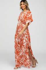 Coral Leaf Print V-Neck Maxi Dress