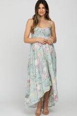 Light Blue Floral Front Tie Empire Maternity Maxi Dress