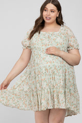 Mint Floral Pleated Square Neck Maternity Plus Dress