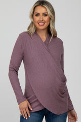 Purple Soft Ribbed Knit Maternity Wrap Top