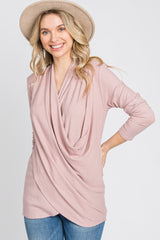 Light Pink Soft Ribbed Knit Wrap Top