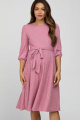 Mauve Ribbed Polka Dot Waist Tie Maternity Midi Dress