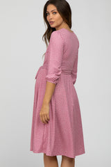 Mauve Ribbed Polka Dot Waist Tie Maternity Midi Dress