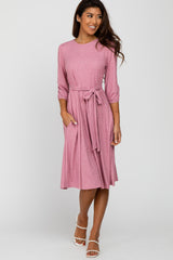 Mauve Ribbed Polka Dot Waist Tie Maternity Midi Dress