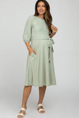 Mint Green Ribbed Polka Dot Waist Tie Maternity Midi Dress