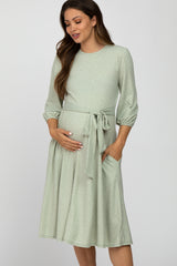 Mint Green Ribbed Polka Dot Waist Tie Maternity Midi Dress